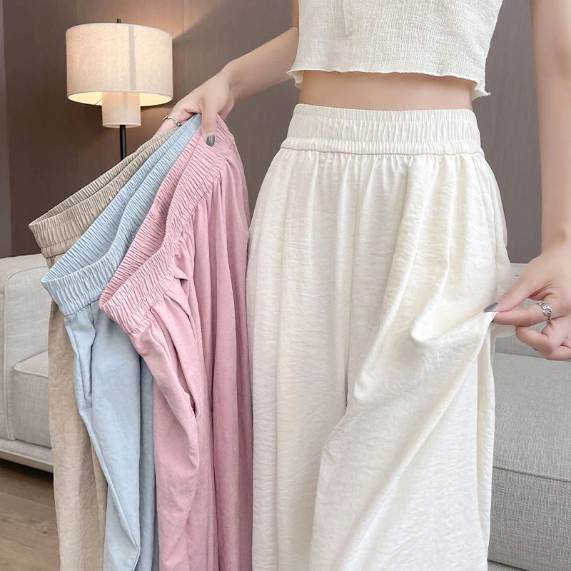 【现货】冰丝奶芙裤女夏季薄款高腰垂感宽松休闲裤慵懒风阔腿裤