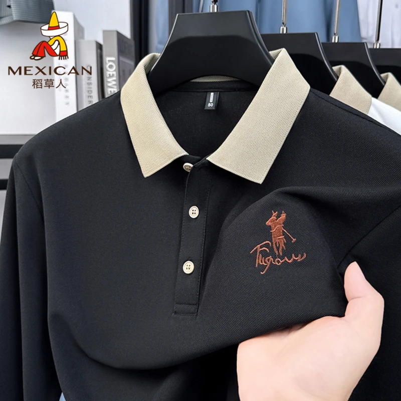 Mexican/稻草人男士长袖polo衫春秋季商务翻领上衣宽松休闲t恤男
