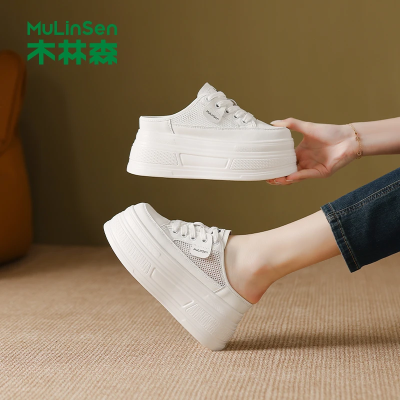 木林森增高女鞋2025夏季新款透气小白鞋女款一脚蹬不累脚厚底板鞋