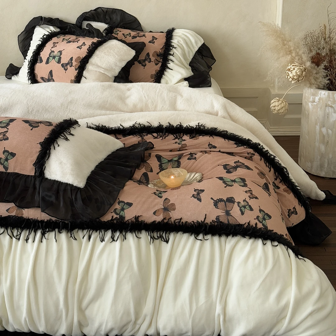 法式轻奢毛绒四件套蝴蝶数码印花被套加厚保暖珊瑚牛奶绒床单床品