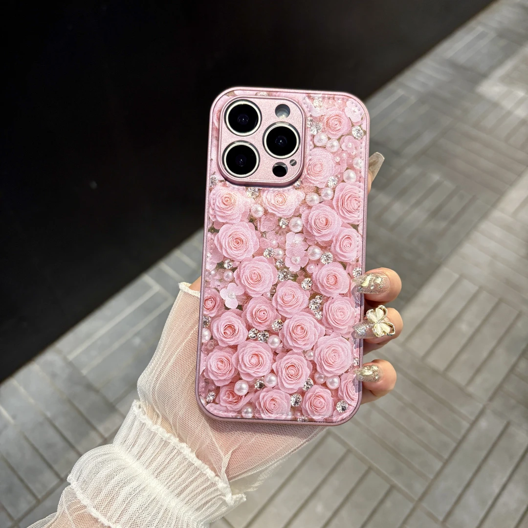 苹果/华为/oppo/vivo/小米 粉色玫瑰适用iPhone17/16皮纹手机壳