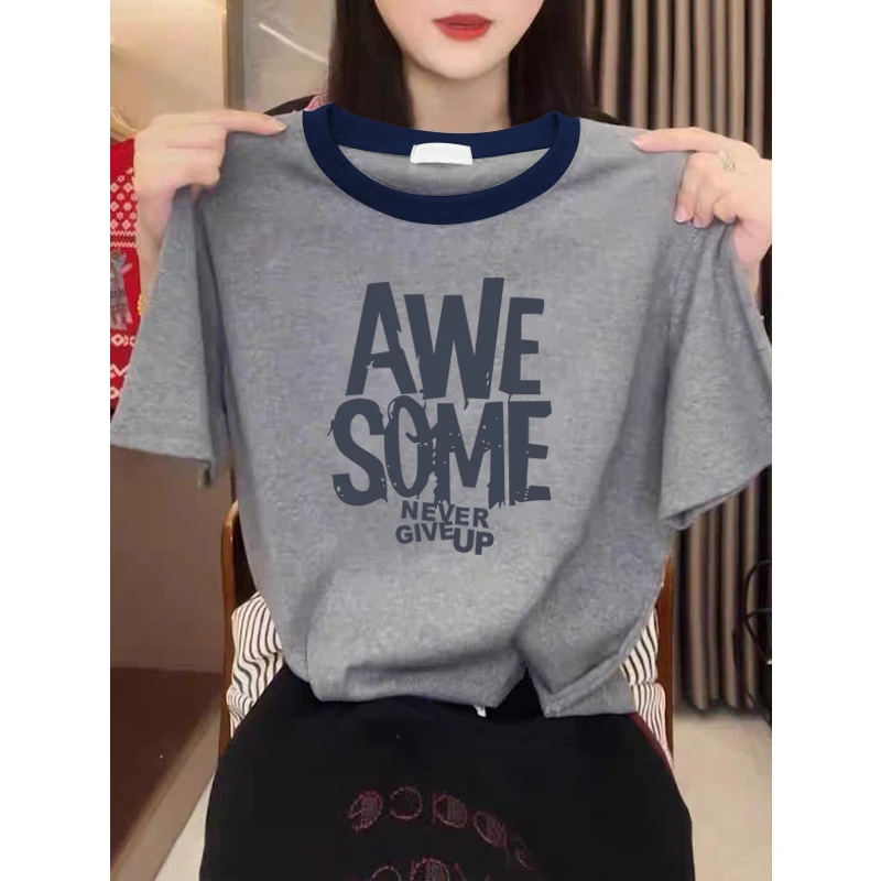 2025新款正肩纯棉短袖t恤女ins休闲百搭插色洋气撞色灰色上衣夏季