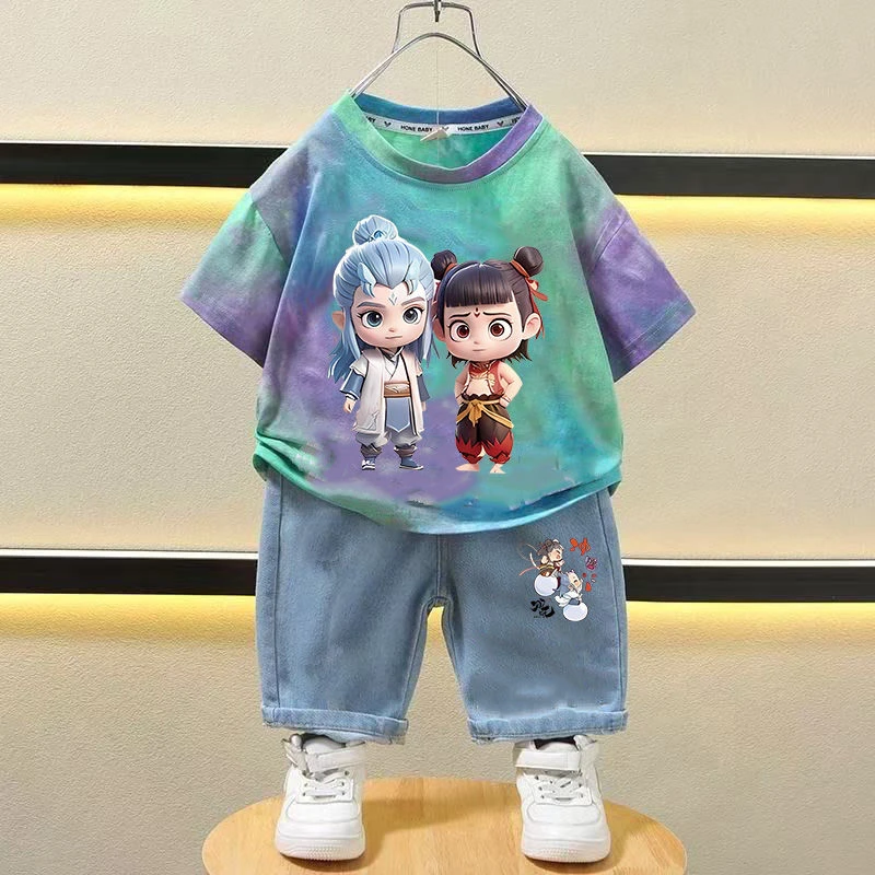 哪吒男孩扎染衣服男女童夏季套装痞帅儿童短袖牛仔短裤两件套夏装