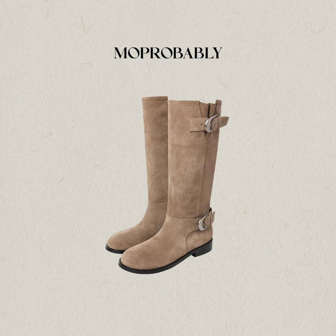 Moprobably李予诺 法式气质百搭卡其色皮带扣长筒靴子L5419007