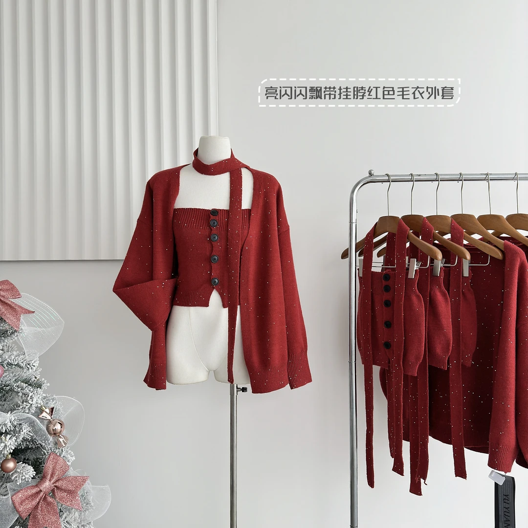 慵懒风毛衣外套女秋冬韩系新年穿搭红色针织衫外穿毛线衣纯欲上衣