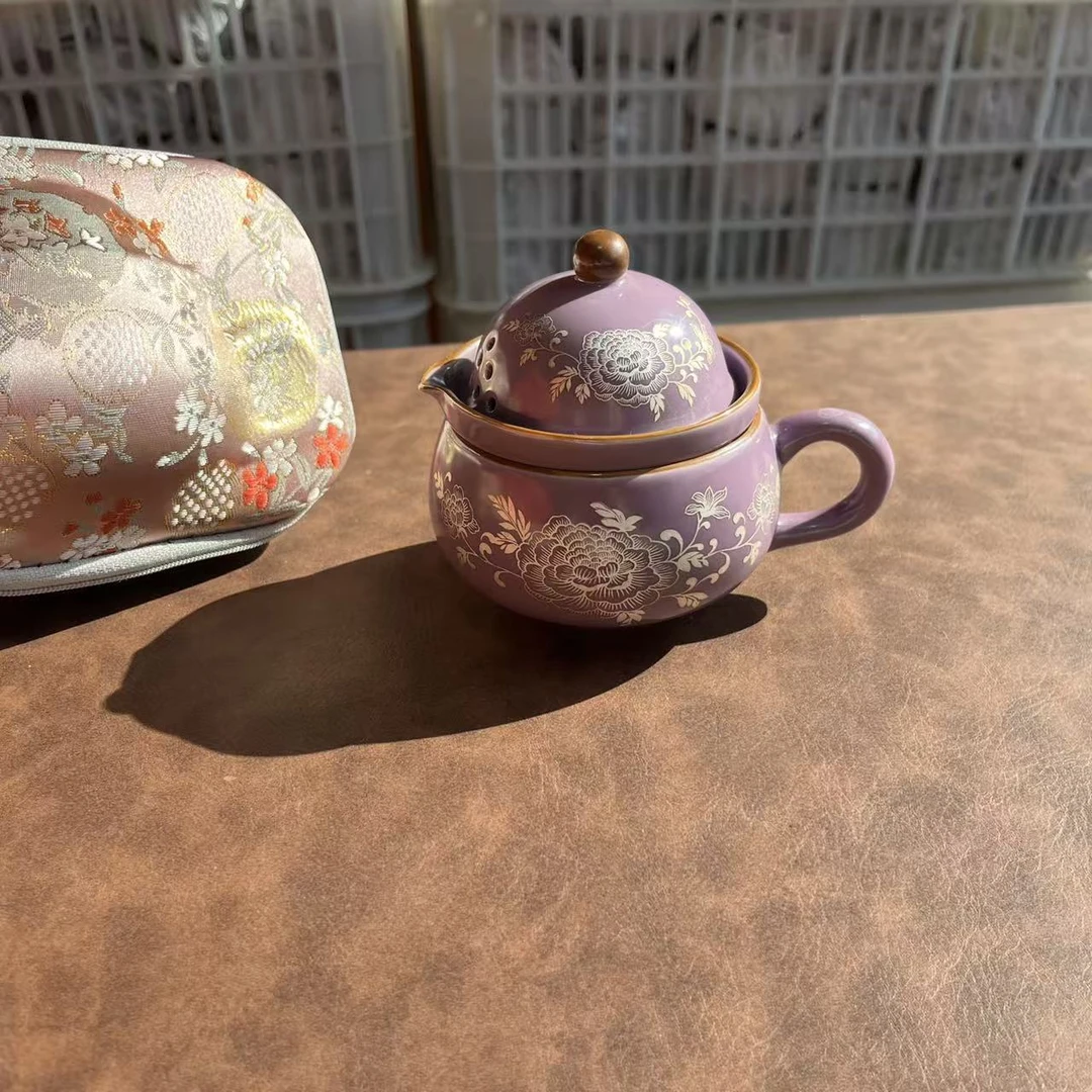 LL0027紫色牡丹手抓旅行茶具咖啡杯手绘陶瓷