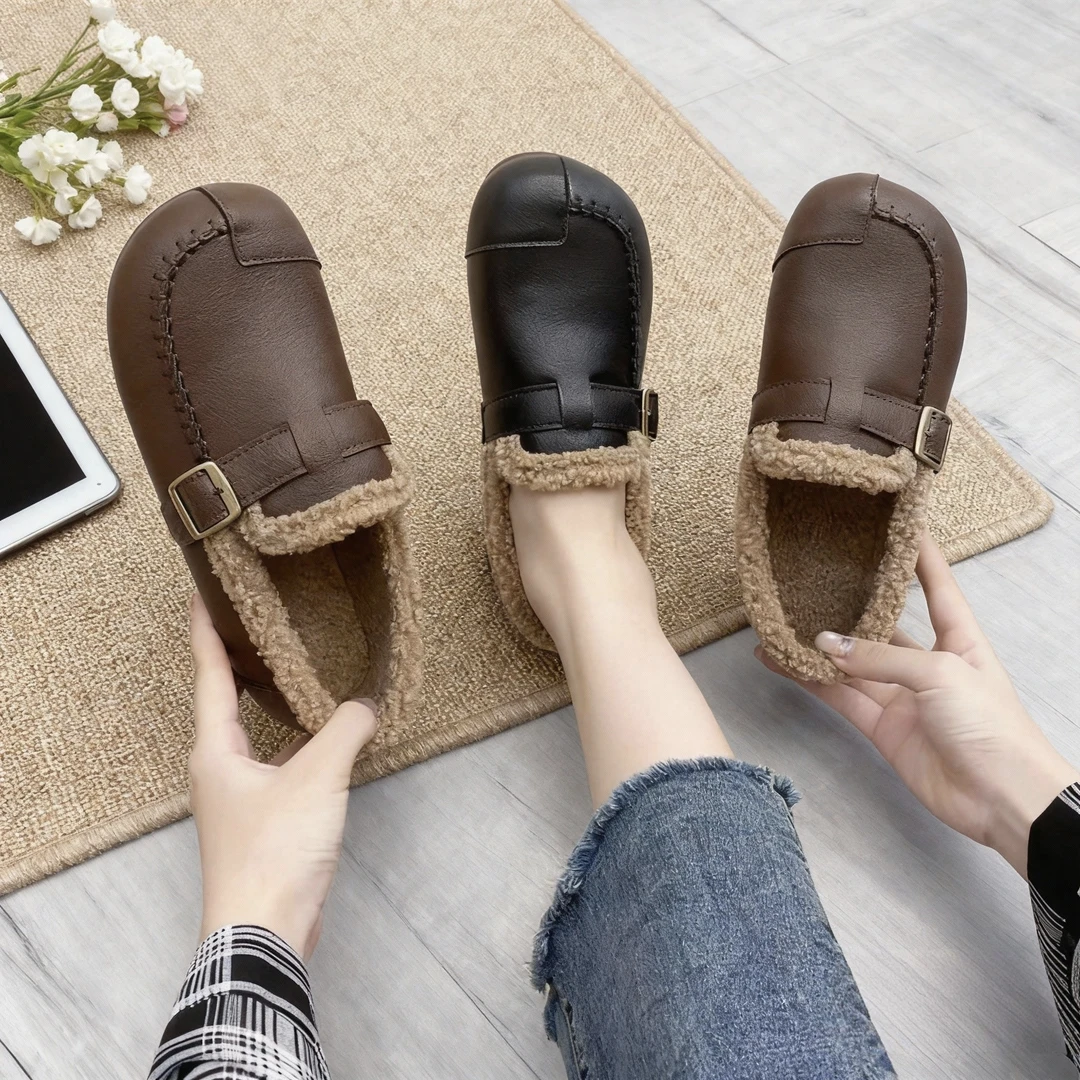 冬季新款加厚一脚蹬棉鞋保暖豆豆鞋加绒毛毛鞋软底防滑复古妈妈鞋