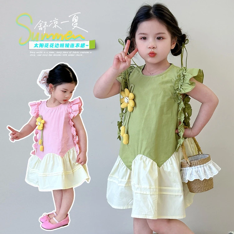 【纯棉连衣裙】女童夏季新款甜美可爱立体太阳花小飞袖连衣裙