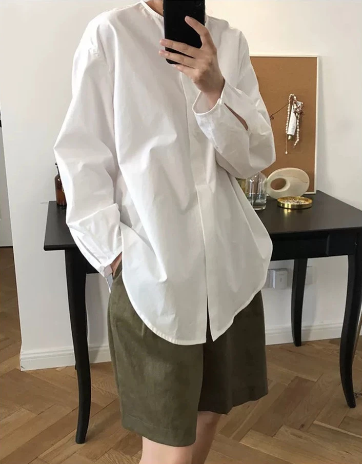 休闲百搭圆领极简纯棉衬衫-25049