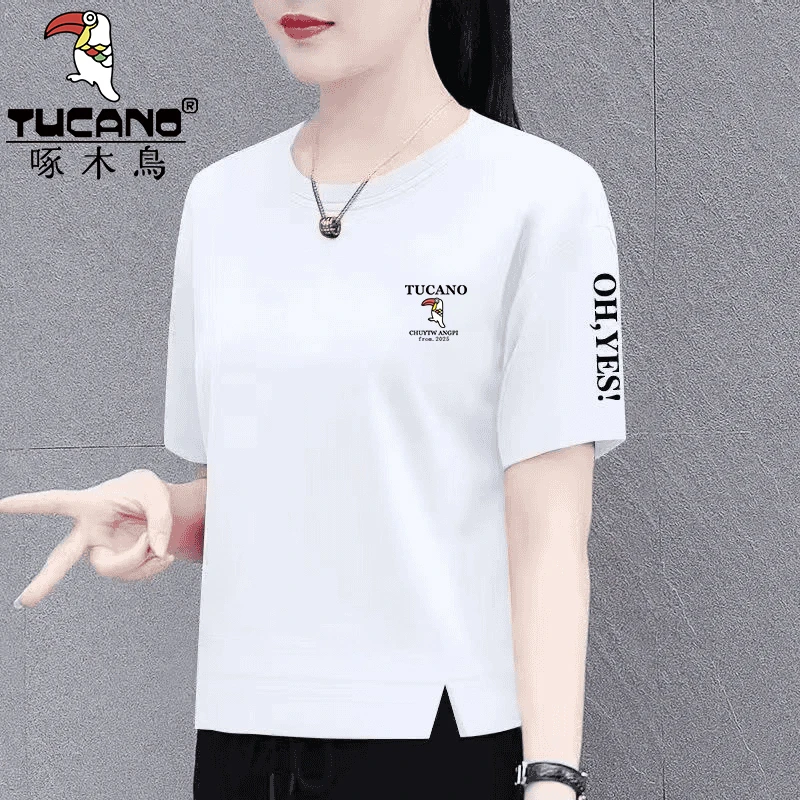 啄木鸟纯棉短袖T恤女夏季新款时尚百搭宽松显瘦大码女装上衣体恤
