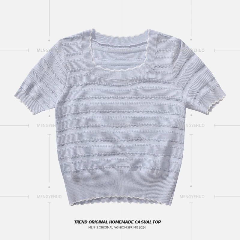 【T恤系列】撞色花边方领针织短袖 正肩