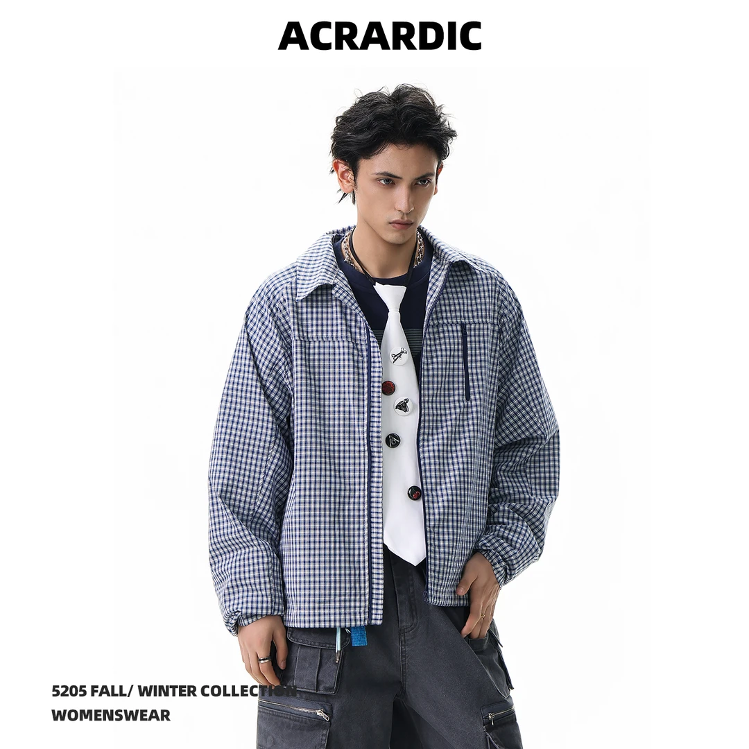 ACRARDIC秋季潮牌格子长袖衬衫抽绳收腰vintage休闲百搭外套薄款