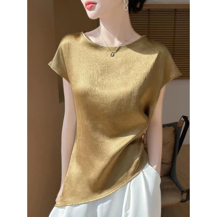 【100%醋酸】短袖女t恤上衣小飞袖半袖夏季新款肌理感女上衣A80