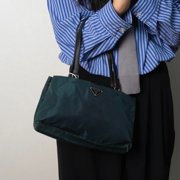 95新 Prada/普拉达 墨绿色拼皮单肩托特/26/AG0603002903