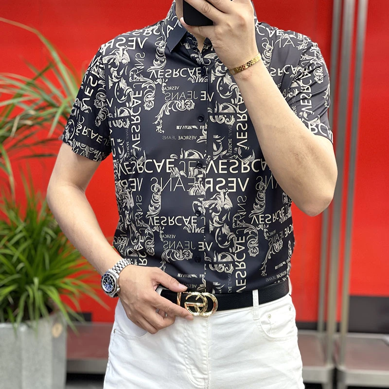 {专柜品质}2025夏季短袖印花衬衫男士无痕衬衣袖休闲