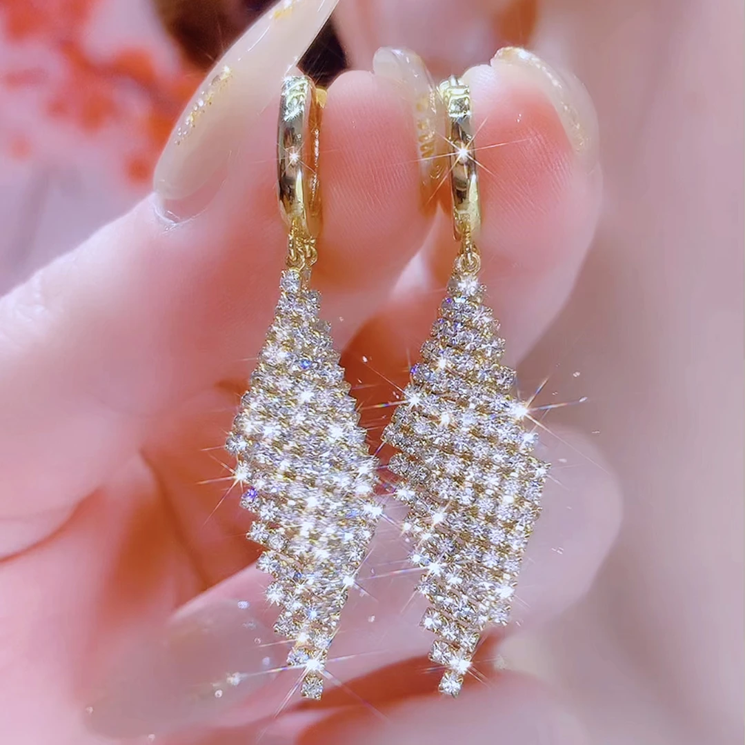 铜合金合成锆石耳饰 长款菱形满钻耳环大气超闪气质耳环07553