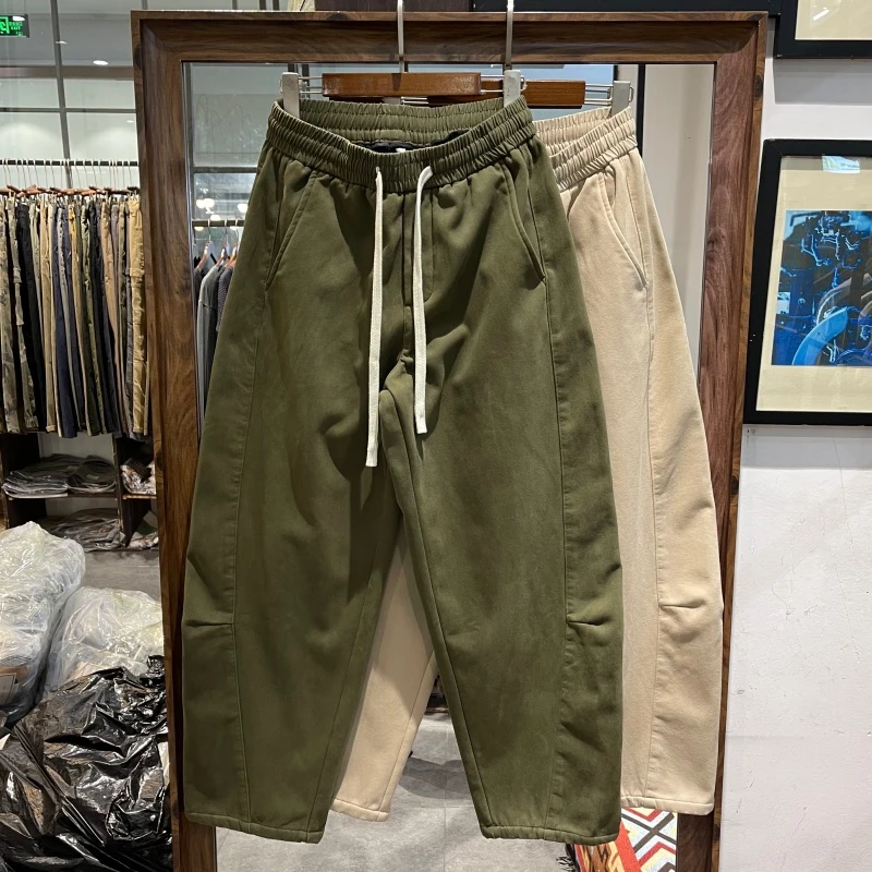 美式重磅复古宽松工装裤男秋冬加绒加厚保暖弯刀休闲裤男哈伦裤