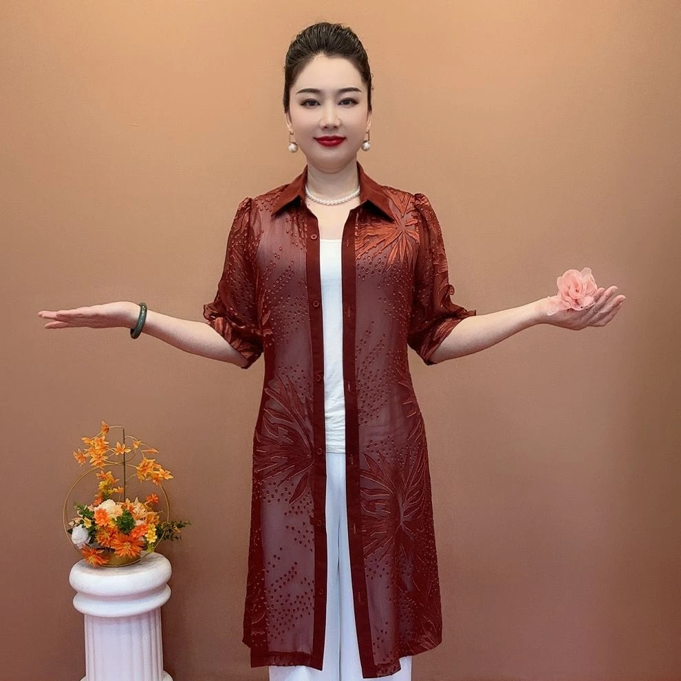 宽松长款提花衣女新款开衫薄款防晒洋气妈妈时尚披肩外套