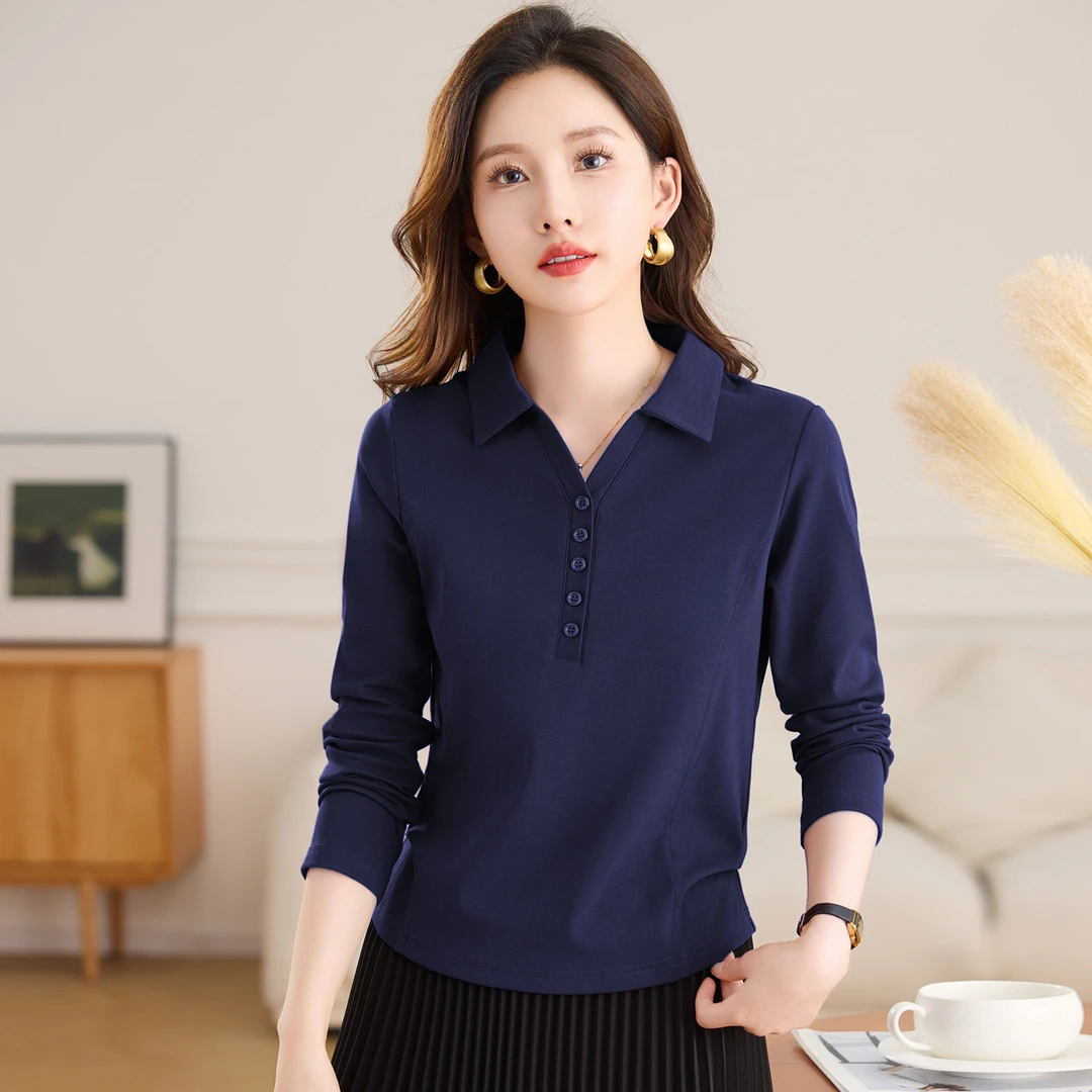90支新疆棉休闲长袖打底POLO领洋气上衣正肩宽松遮肉纯色女士百搭