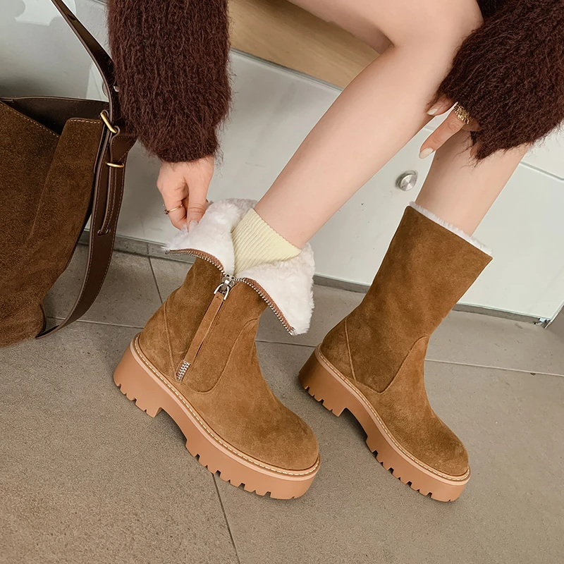 翻毛皮时装靴女2025冬季加绒加厚棉鞋厚底增高防滑真皮中筒靴子