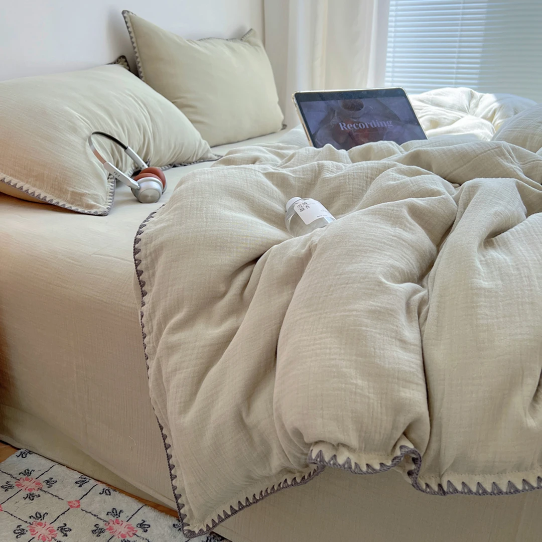 新款A类纯色皱皱纱贝壳边简约床单四件套好看柔软舒服四季款纯棉