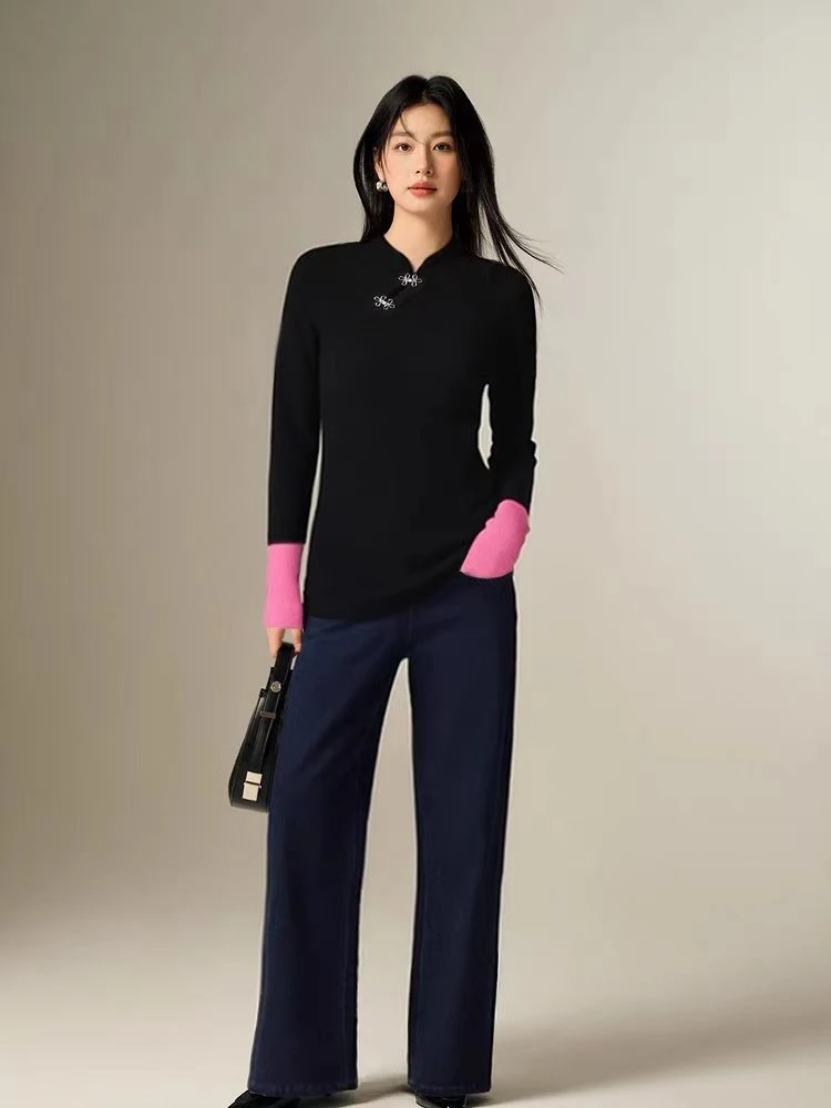 26-51/120  春季新款新中式盘扣针织衫长袖撞色套头衫 DDS/0224