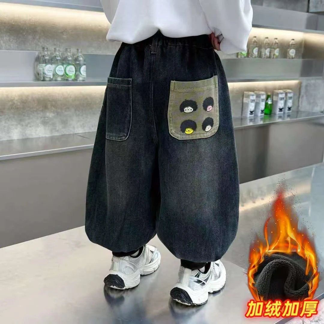 2025长裤男童小童冬季牛仔裤童装加厚韩版宝宝口袋印花加绒牛仔裤
