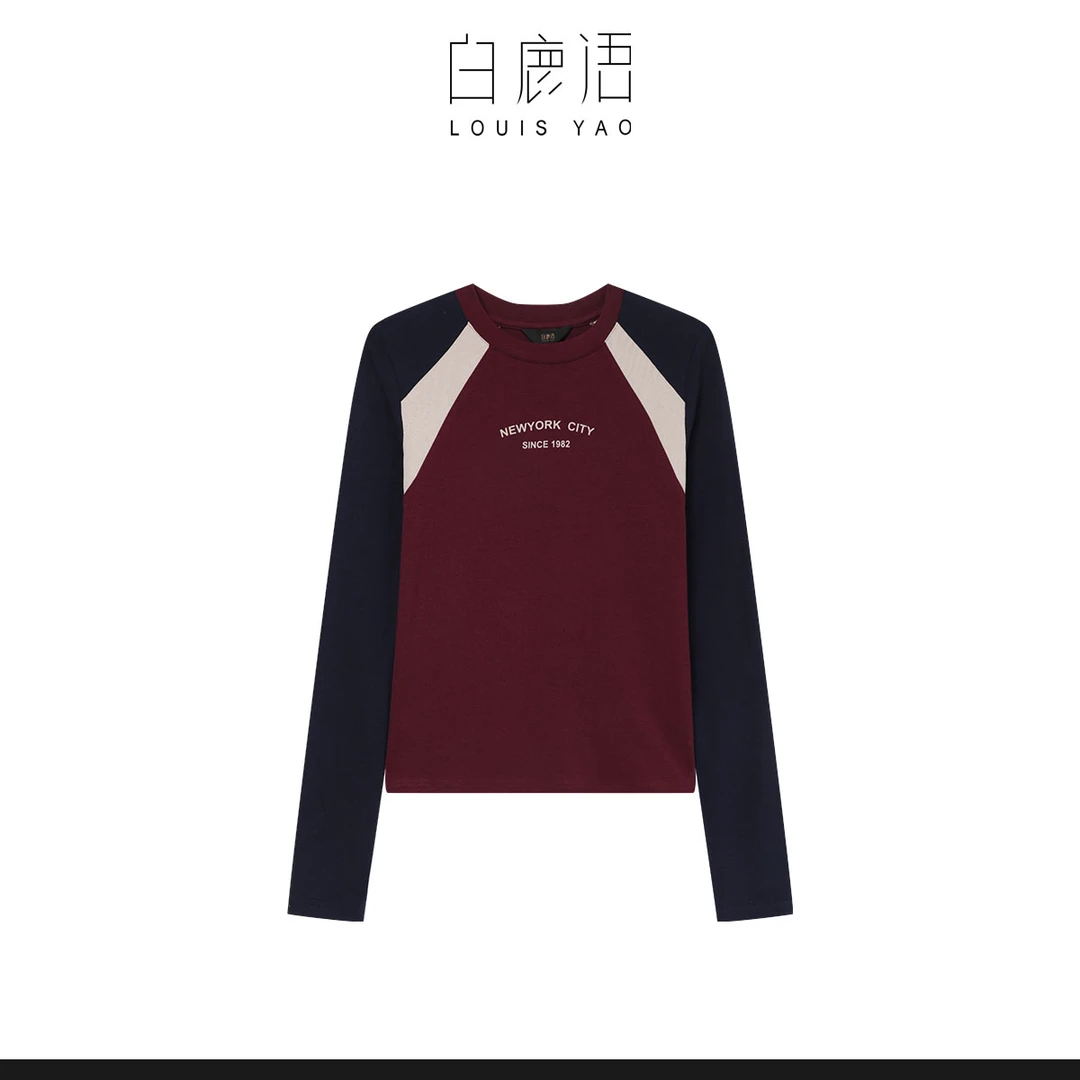 白鹿语秋时尚撞色拼色字母印花休闲圆领长袖T恤女BL10214