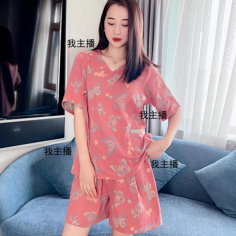 夏季新款双层纱短袖睡衣套装薄款短袖家居服睡衣套装宽松汗蒸服套
