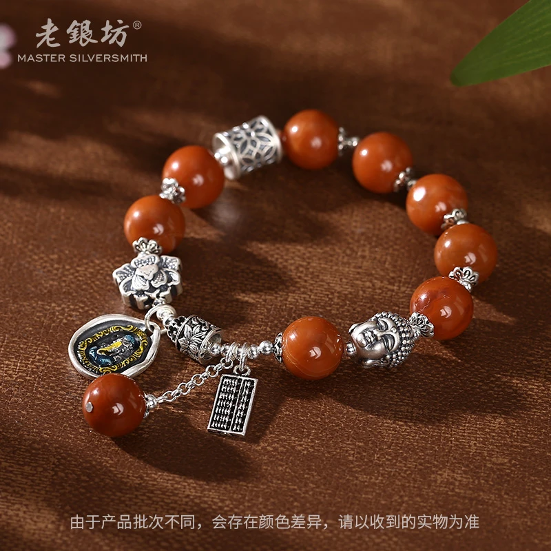 【老银坊】s925银南红莲花佛象神手串 0035803