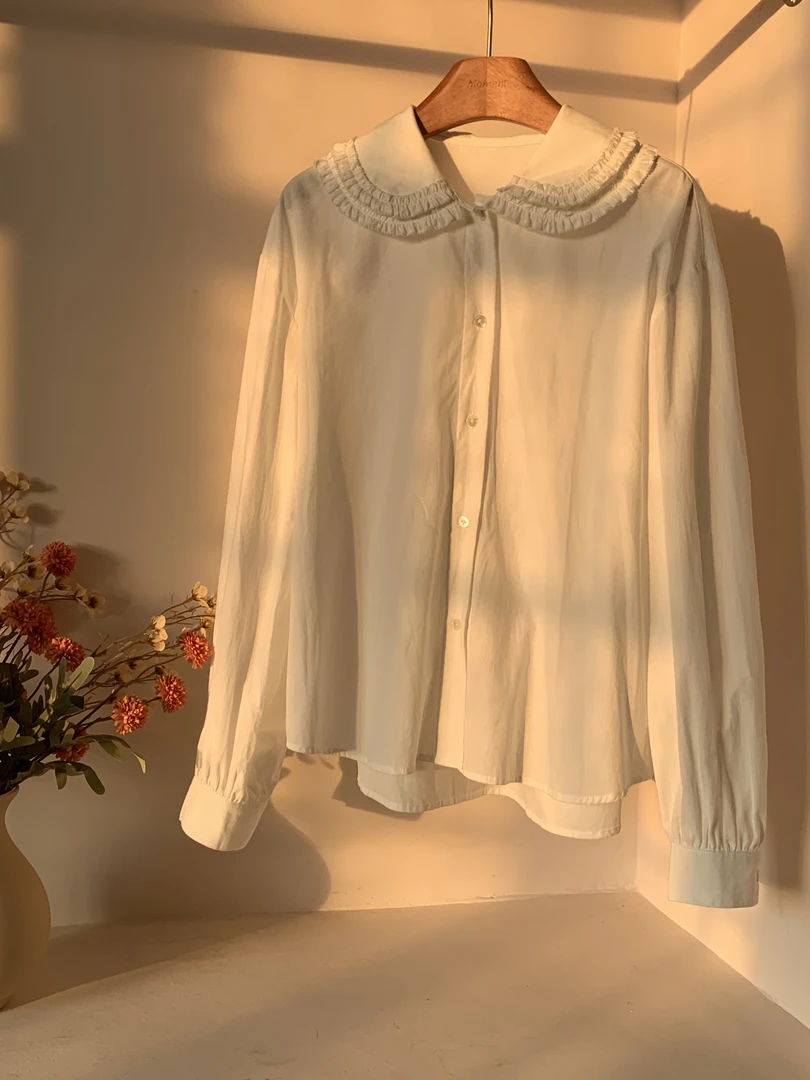秋屿頔moment 自制 薄款春秋法式百搭花边领系扣长袖衬衫