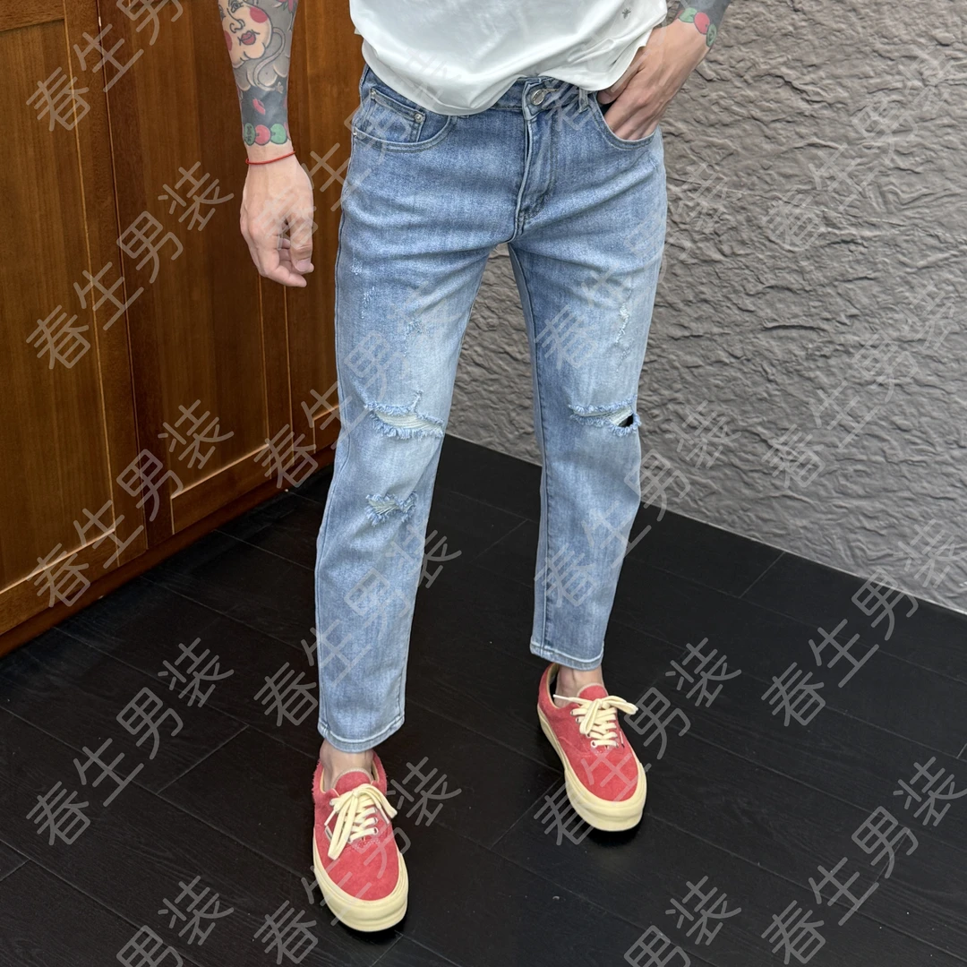 2025春季新款时尚休闲夏季百搭净版破洞天蓝色男士九分牛仔裤1221