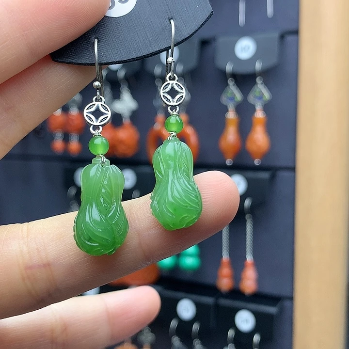 和田玉耳饰银S925镶嵌灵*