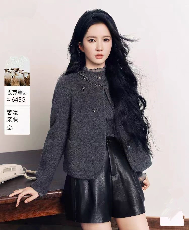 〈纪朵研〉H550气质灰色短款呢子大衣女2025新款小个子毛呢韩系外套