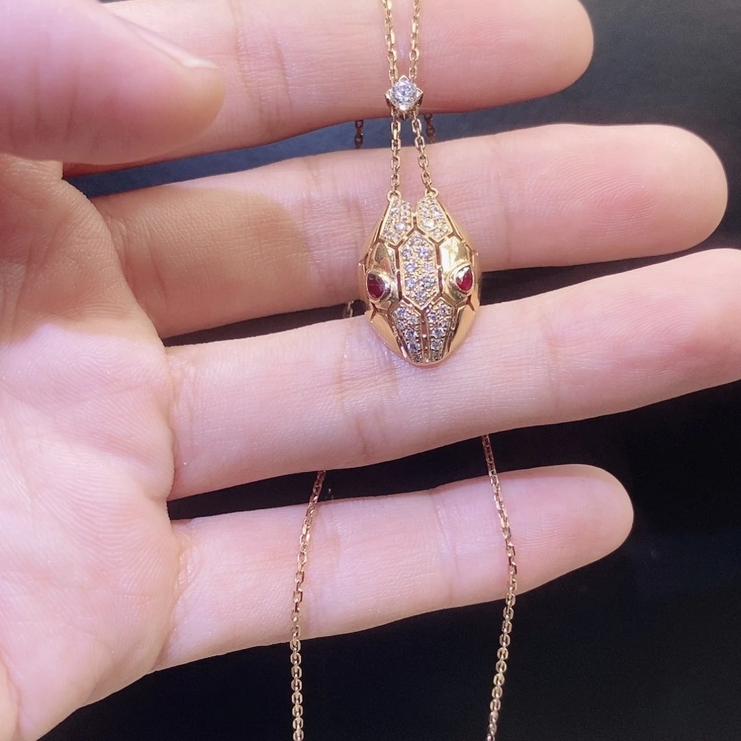 钻石项链18K金镶嵌红宝石蛇头项链K玫