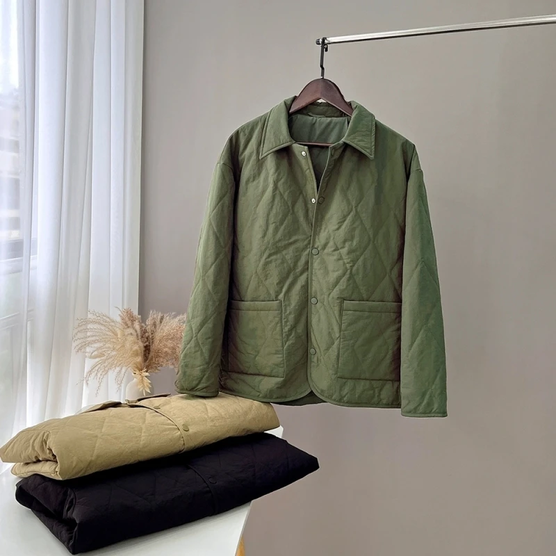 篙级复古休闲感！经典美式秋冬男情侣轻量菱格绗缝棉衣宽松外套