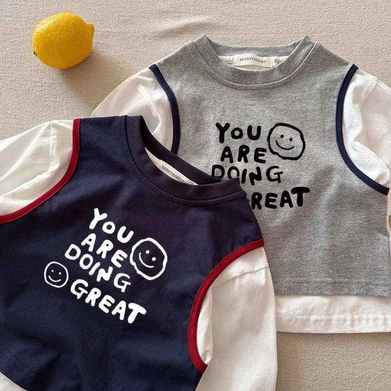 男童T恤长袖新款儿童打底假两件春秋上衣纯棉宝宝外穿中大童笑脸t