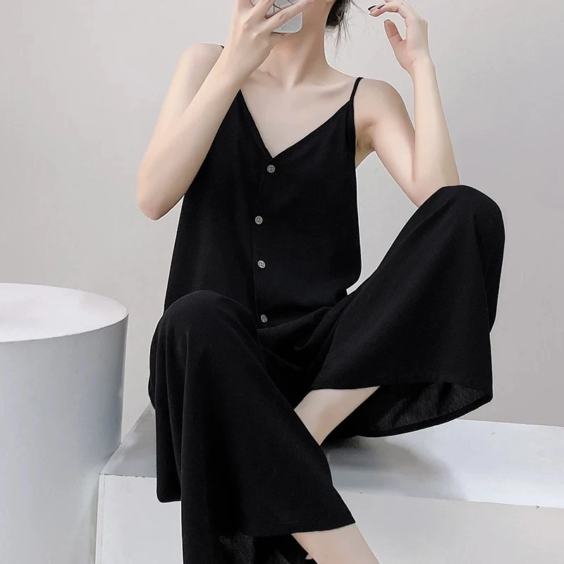 （带胸垫）新款夏天睡衣女士吊带背心短裤薄款睡衣家居服套装可外穿