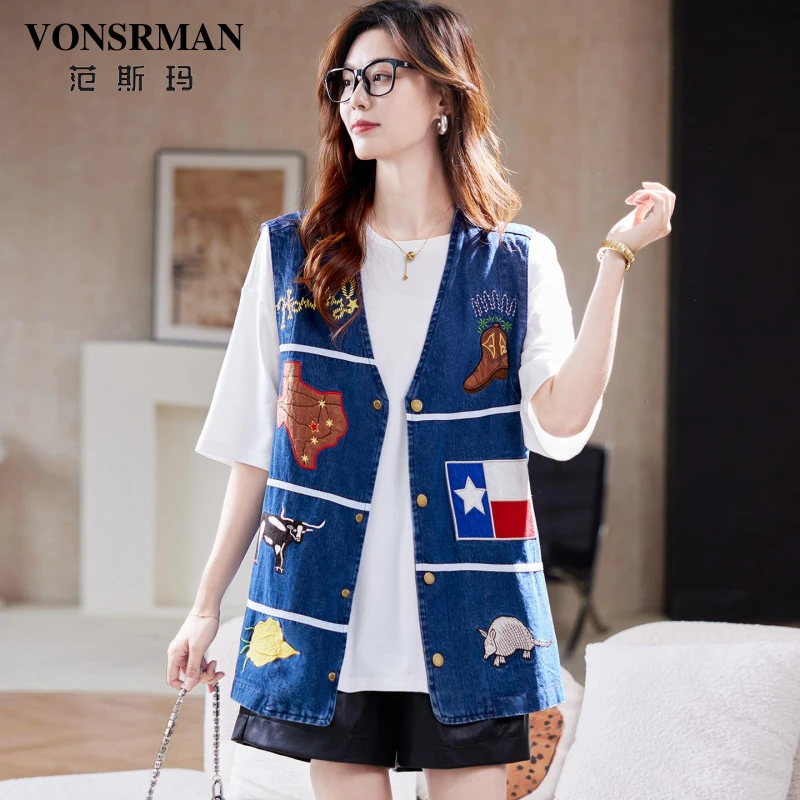 范斯玛中长版刺绣牛仔马甲女2025秋季宽松百搭洋派减龄休闲 外套