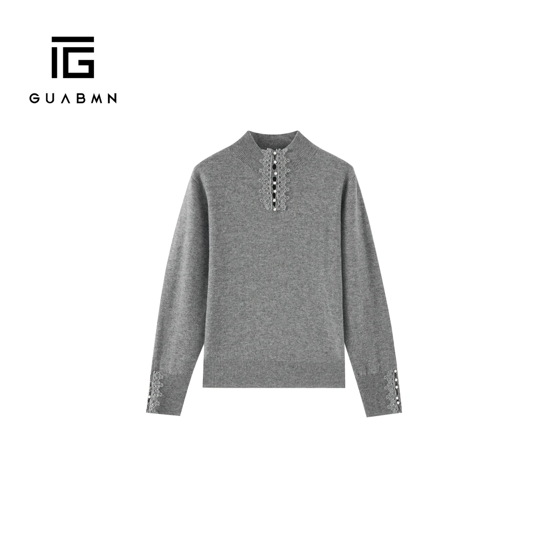GUABMN2025冬季新款蕾丝钉珠半高领打底衫套头针织衫宽松毛衣6075