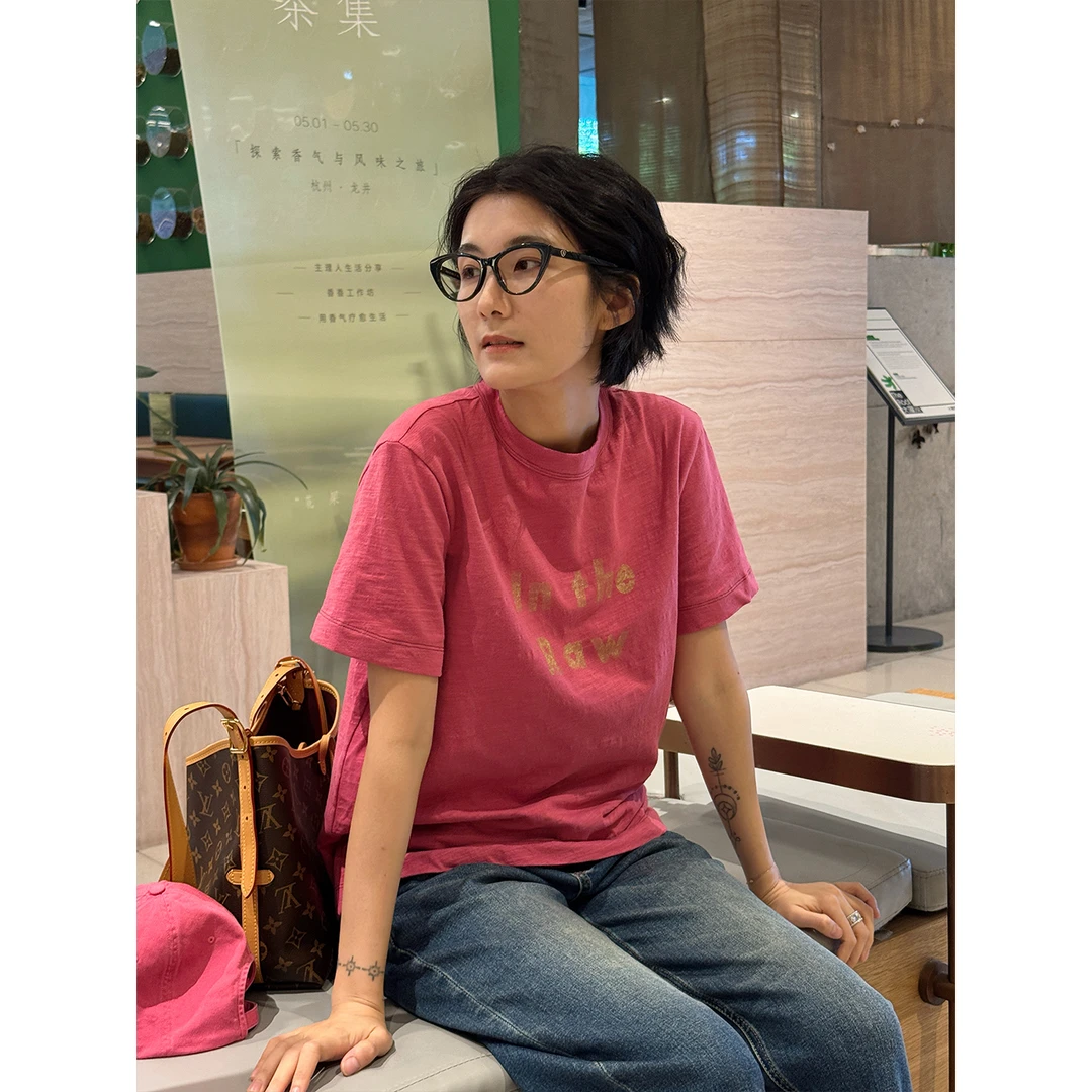 LANGQING 粉红色印花纯棉短袖女t恤新款夏宽松显瘦圆领上衣45976#