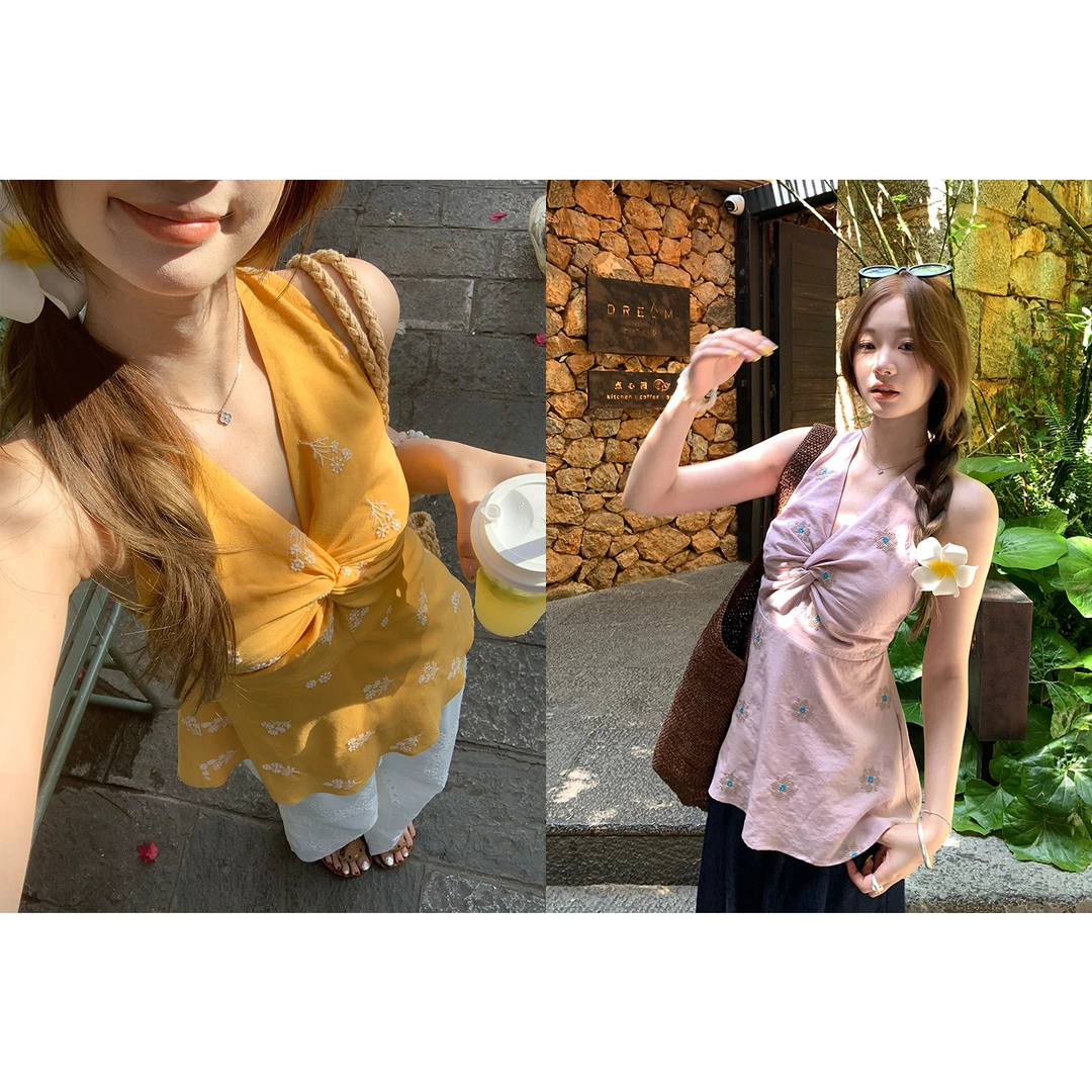 im向 山樱漫岛~V领扭结刺绣无袖收腰显瘦挂脖小衫