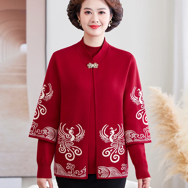 妈妈装秋冬新款红色针织外套喜婆婆婚宴礼服中老年女装两件套上衣
