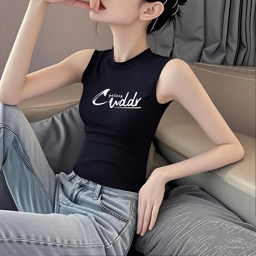 黑色字母印花无袖坎肩吊带背心女百搭打底夏季修身显瘦外穿t恤秋