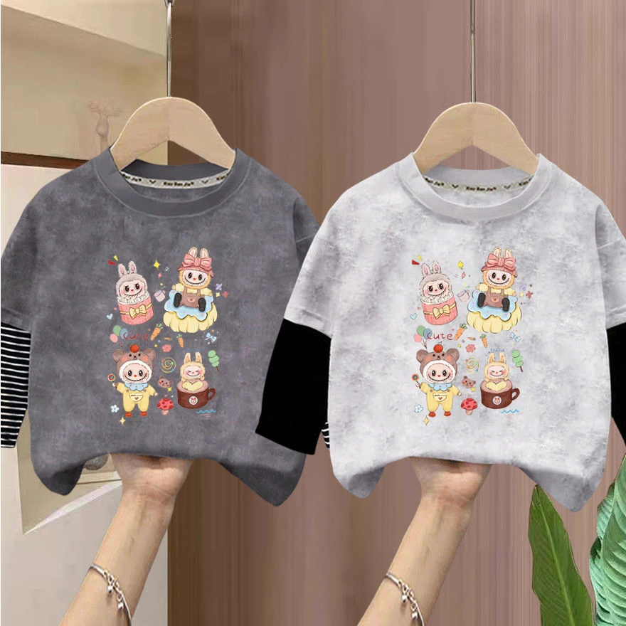 2025纯棉新款女童圆领扎染中大童卡通长袖T恤拉布男童儿童上衣潮t