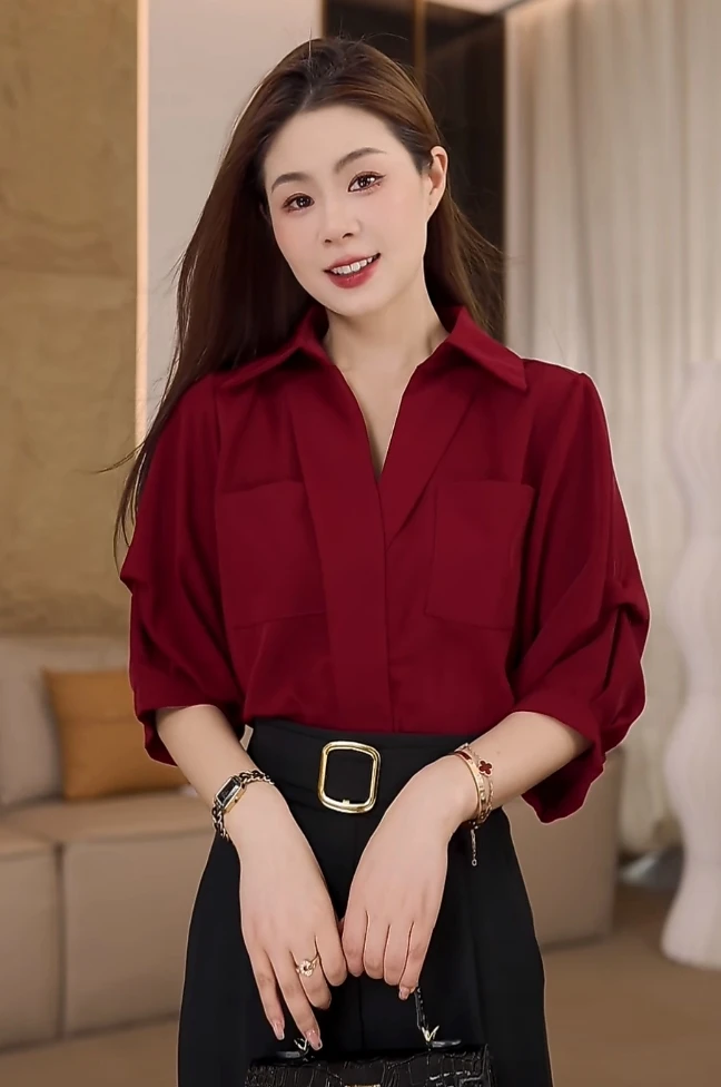 刘婷原创 法式设计感褶皱七分袖气质V领衬衫