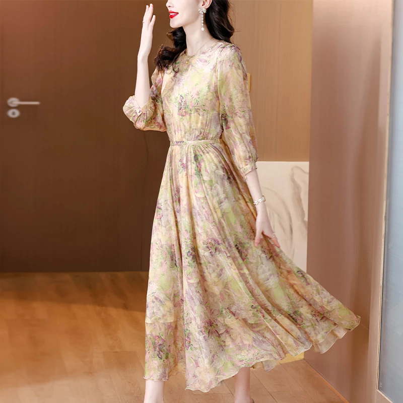 时尚夏装国风仿桑蚕丝连衣裙女夏季2025新款印花长裙减龄洋气裙