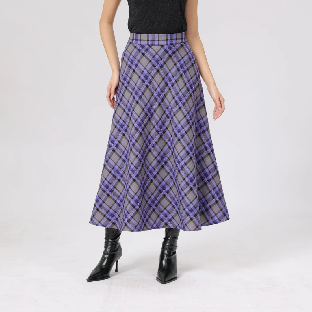 AMASS/阿玛施早春新款高腰A字裙复古时尚百搭格纹半身裙5200428