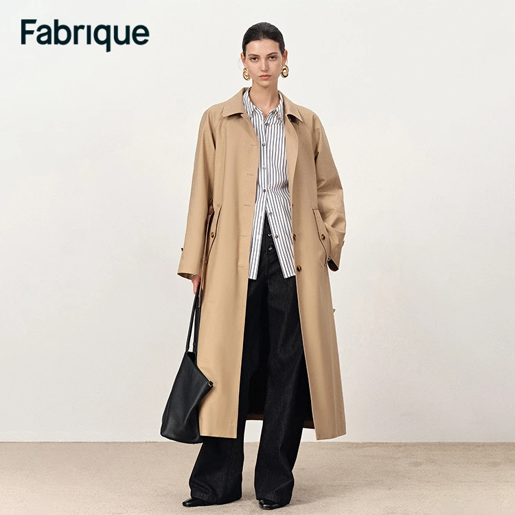 Fabrique法兰绒内衬单排扣配腰带插肩袖纯棉长款风衣