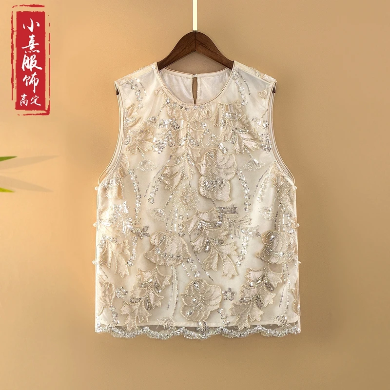 【栀妍】春夏2025新款国风马甲女装新中式圆领亮片绣花气质马夹外套